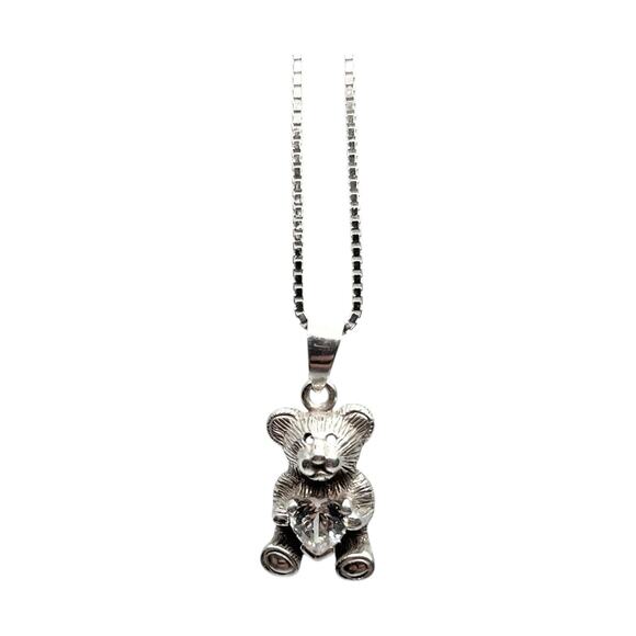 Teddy Bear Pendant Jewelry - 1980s Vintage .925 Sterling Silver & Cubic Zirconia Teddy Bear Pendant & Chain